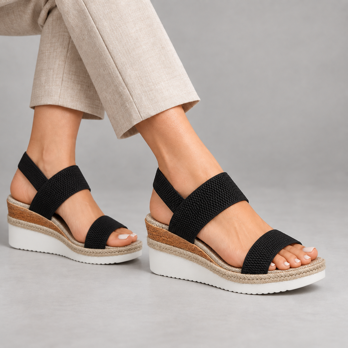 Mara Comfort Wedge Sandals, Elastic Straps — Black | Emory & Blanc