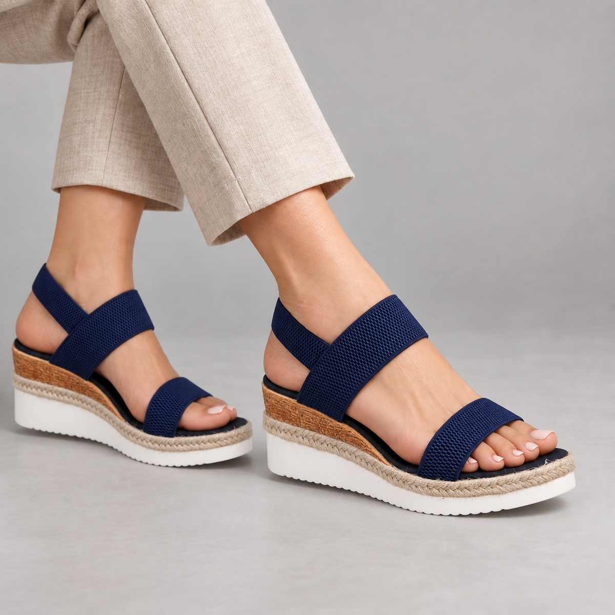 Mara Comfort Wedge Sandals, Elastic Straps — Blue | Emory & Blanc