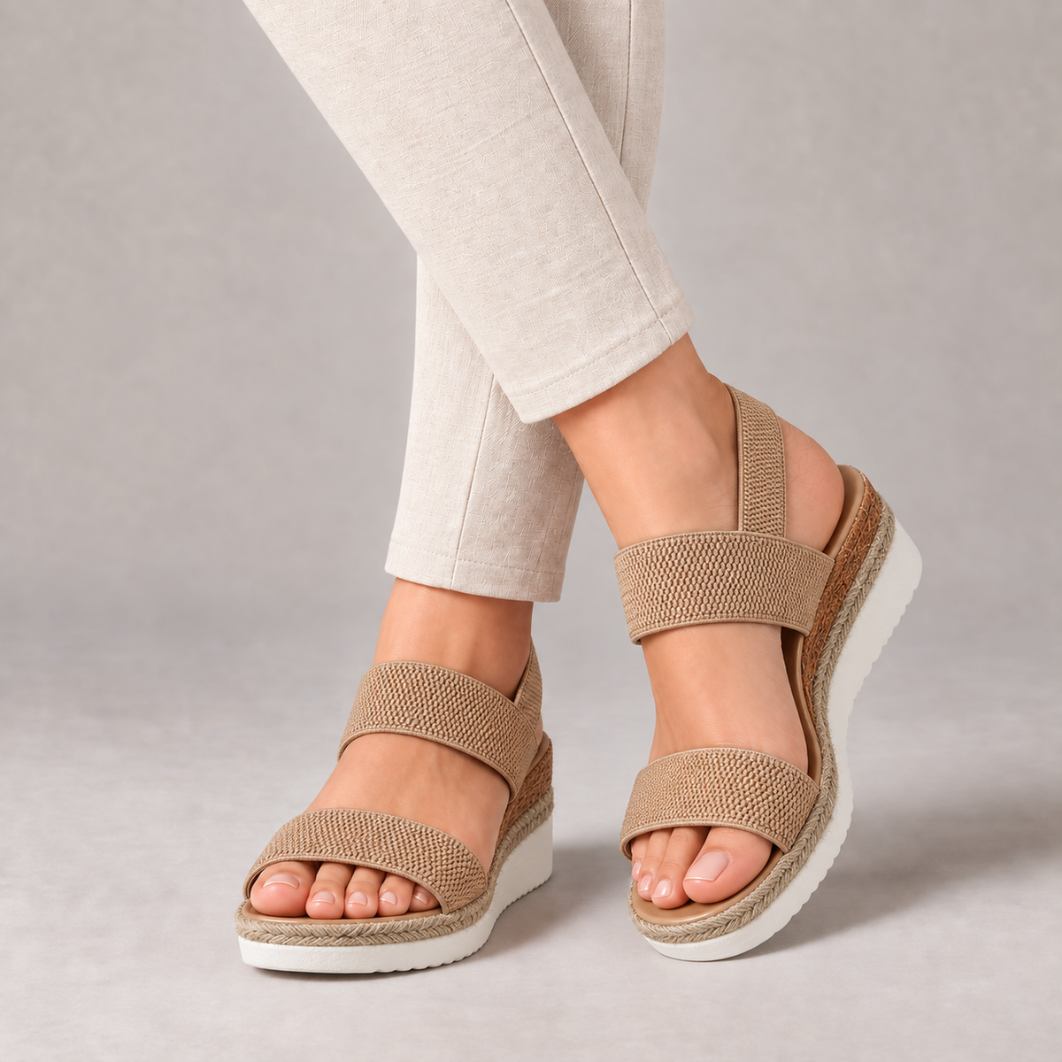 Mara Comfort Wedge Sandals, Elastic Straps — Khaki | Emory & Blanc