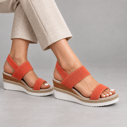 Mara Comfort Wedge Sandals, Elastic Straps — Orange | Emory & Blanc