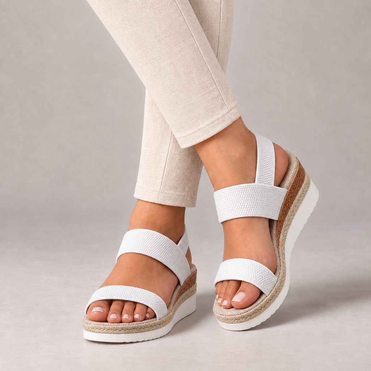 Mara Comfort Wedge Sandals, Elastic Straps — White | Emory & Blanc