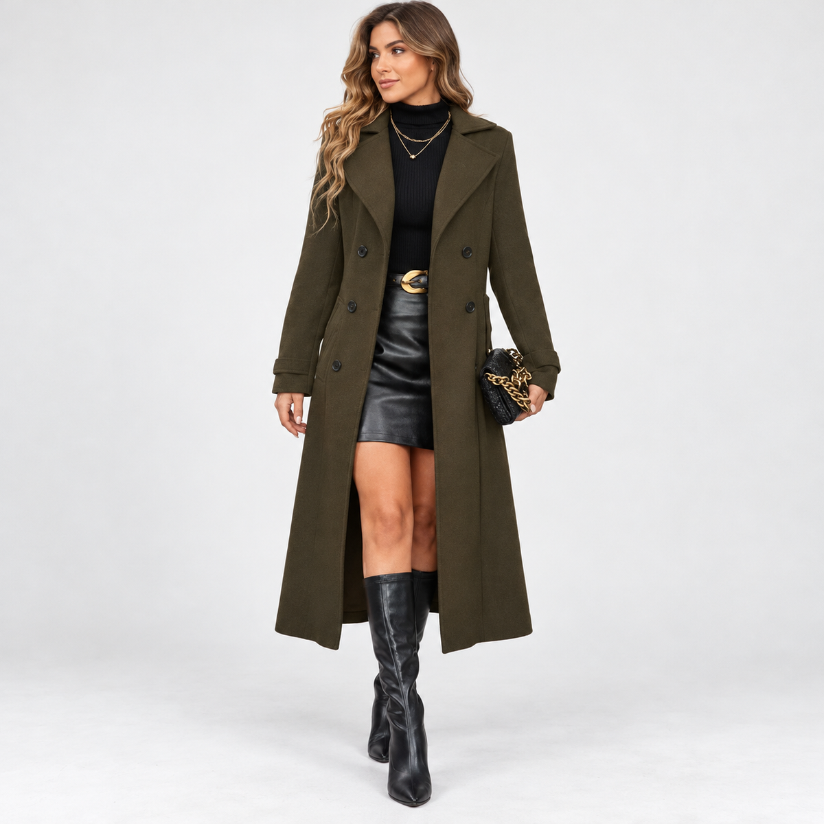 Marcelle Comfort Double-Breasted Long Coat — Army Green | Emory & Blanc