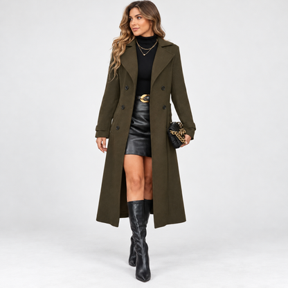 Marcelle Comfort Double-Breasted Long Coat — Army Green | Emory & Blanc