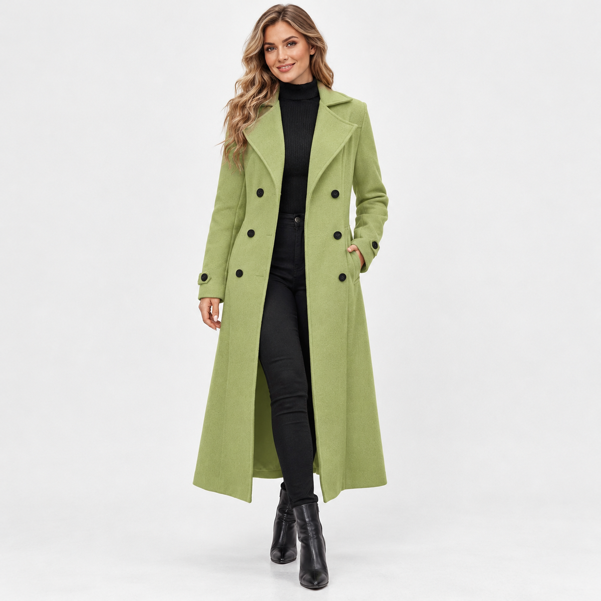 Marcelle Comfort Double-Breasted Long Coat — Light Green | Emory & Blanc