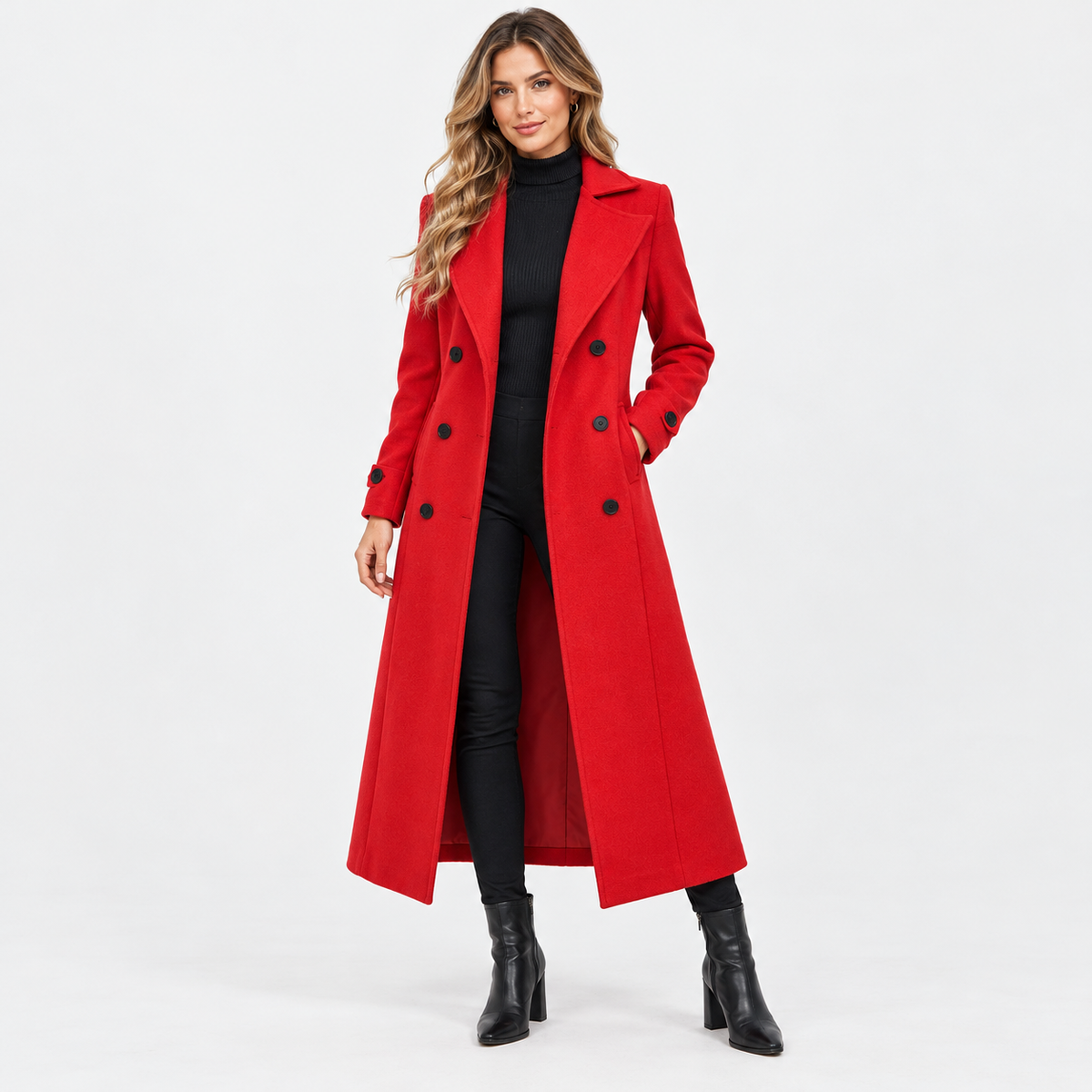 Marcelle Comfort Double-Breasted Long Coat — Red | Emory & Blanc