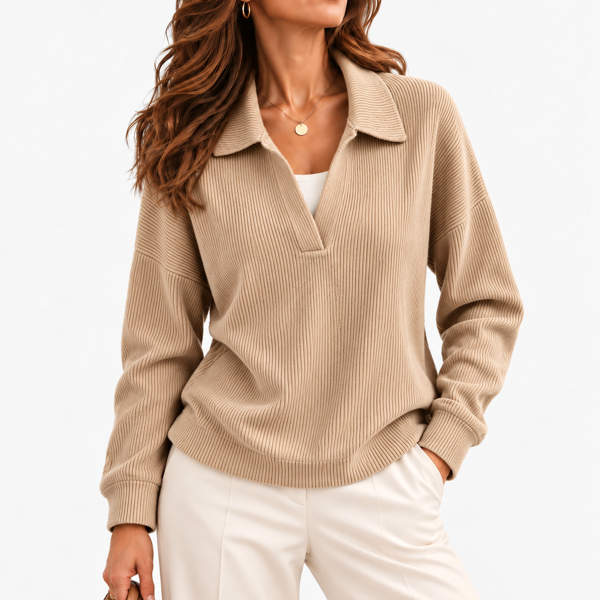 Marianne Relaxed Fit Polo Collar Top — Khaki | Emory & Blanc