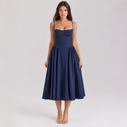 Maribel Soft Midi Dress, Corset Bodice — Blue | Emory & Blanc