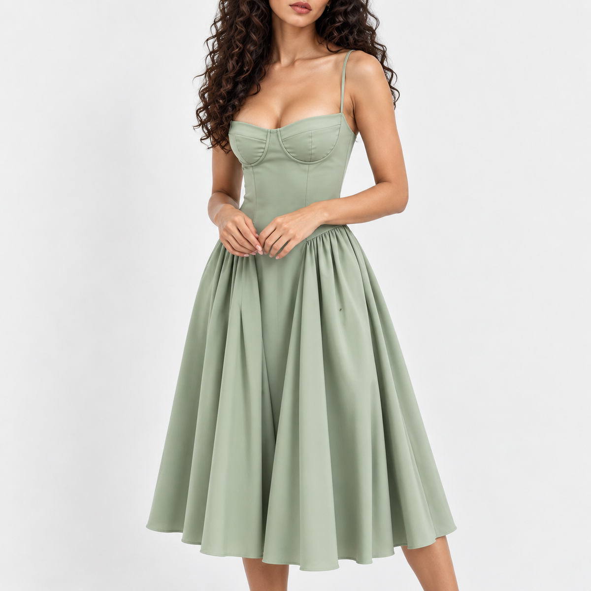 Maribel Soft Midi Dress, Corset Bodice — Green | Emory & Blanc