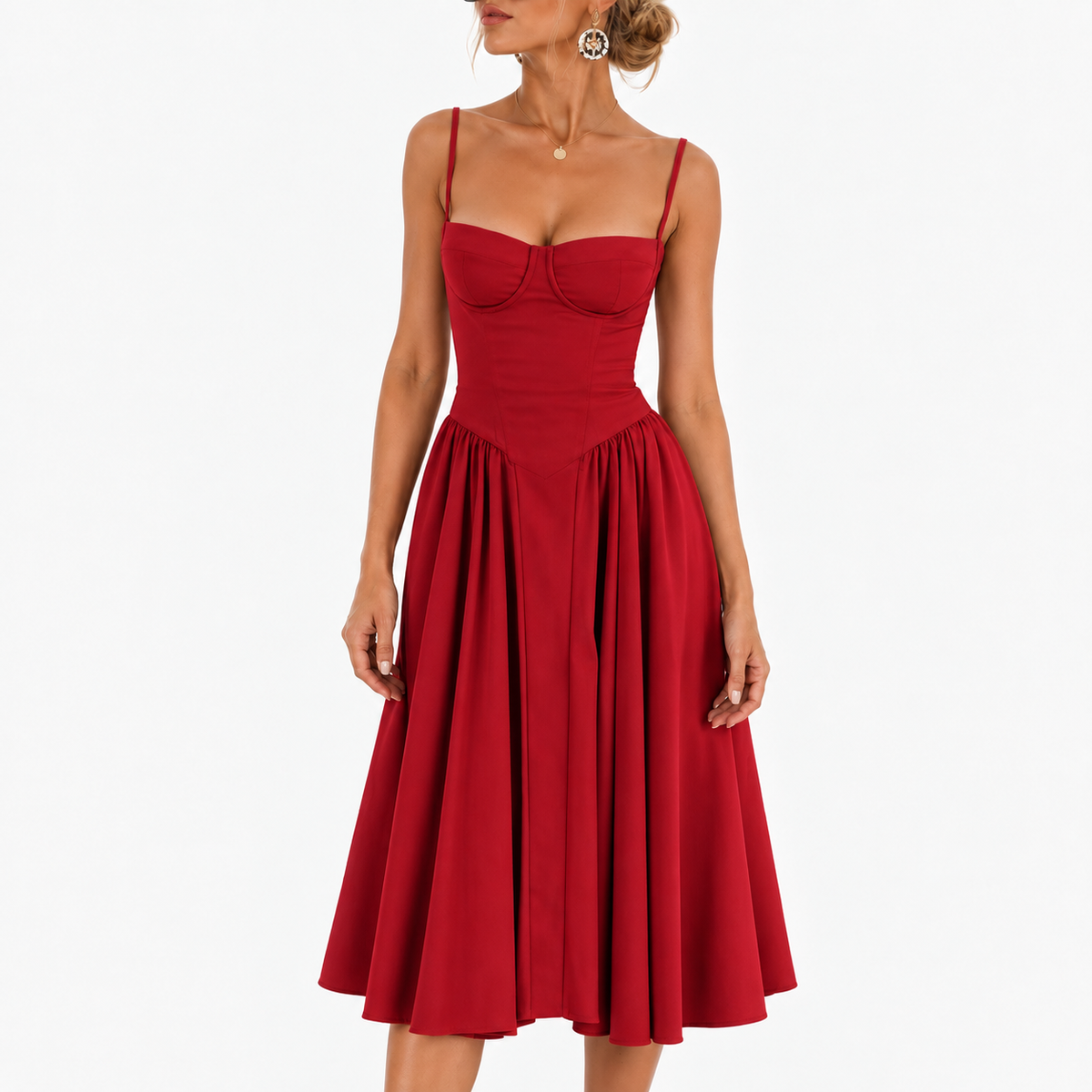 Maribel Soft Midi Dress, Corset Bodice — Red | Emory & Blanc