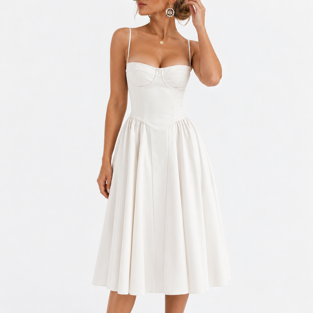 Maribel Soft Midi Dress, Corset Bodice — White | Emory & Blanc