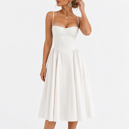 Maribel Soft Midi Dress, Corset Bodice — White | Emory & Blanc