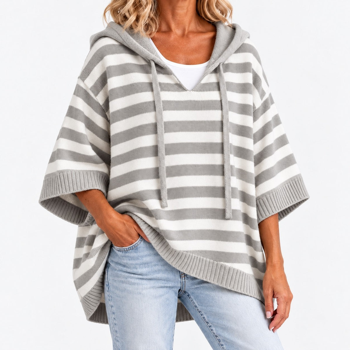 Maribeth Comfort Striped Poncho Sweater — Gray / Stripe | Emory & Blanc