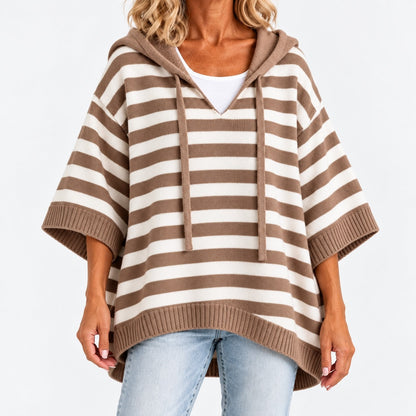 Maribeth Comfort Striped Poncho Sweater — Khaki / Stripe | Emory & Blanc