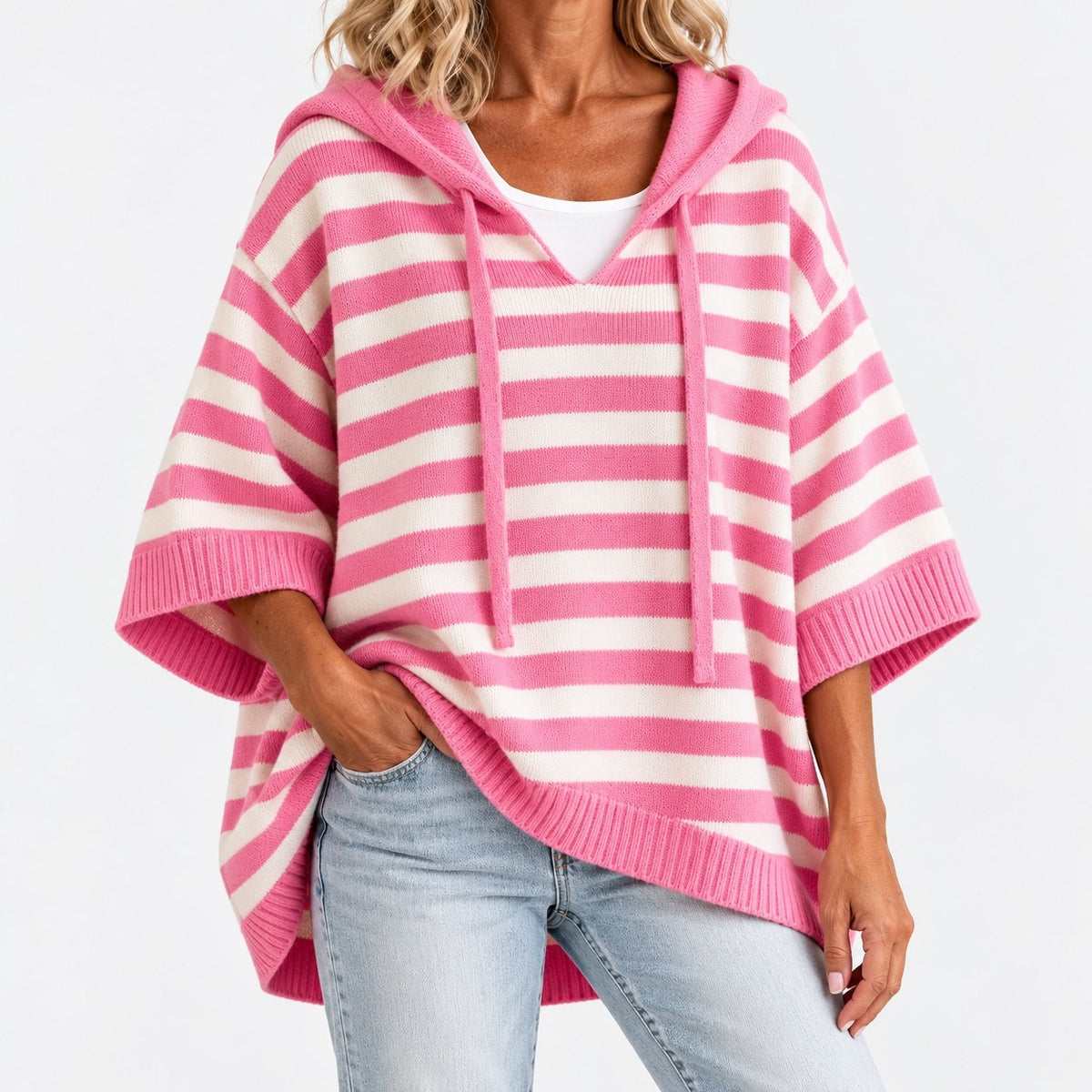 Maribeth Comfort Striped Poncho Sweater — Pink / Stripe | Emory & Blanc