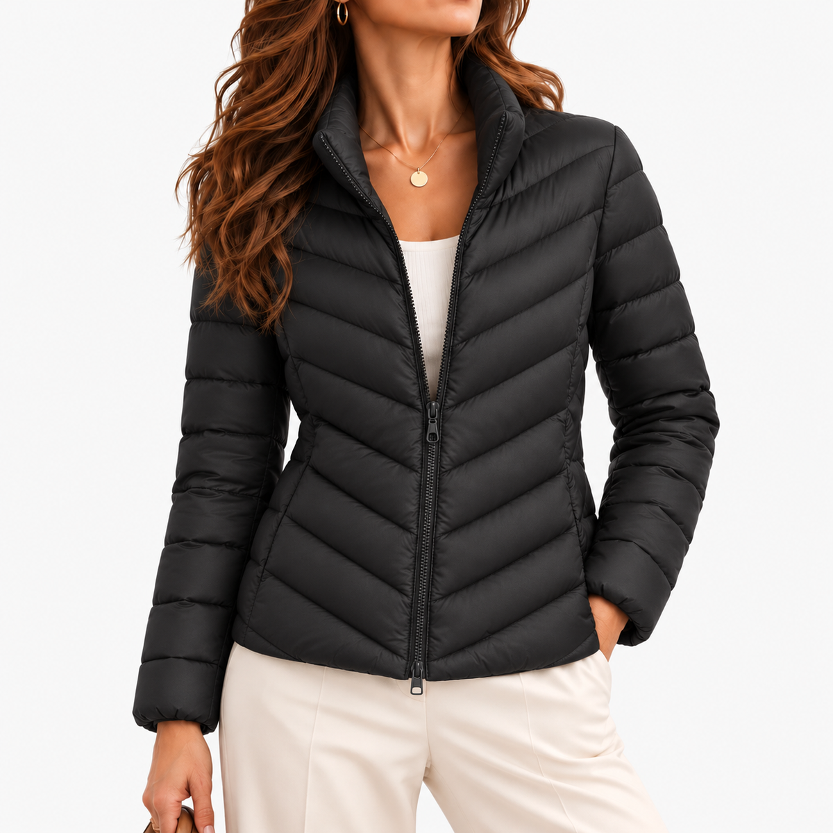 Mariel Soft Chevron Quilted Puffer Jacket — Black | Emory & Blanc