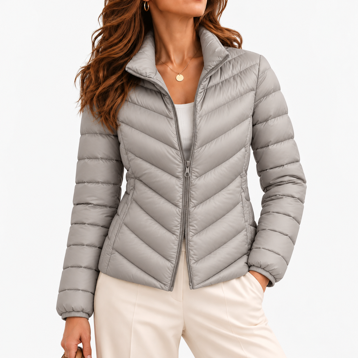 Mariel Soft Chevron Quilted Puffer Jacket — Grey | Emory & Blanc