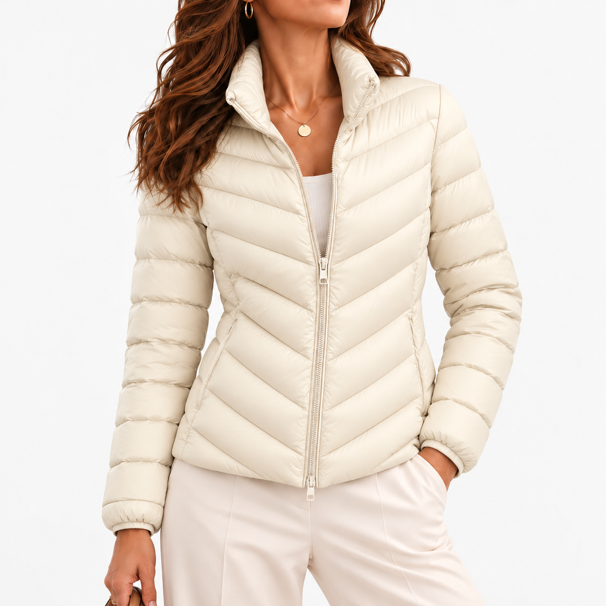 Mariel Soft Chevron Quilted Puffer Jacket — Off White | Emory & Blanc