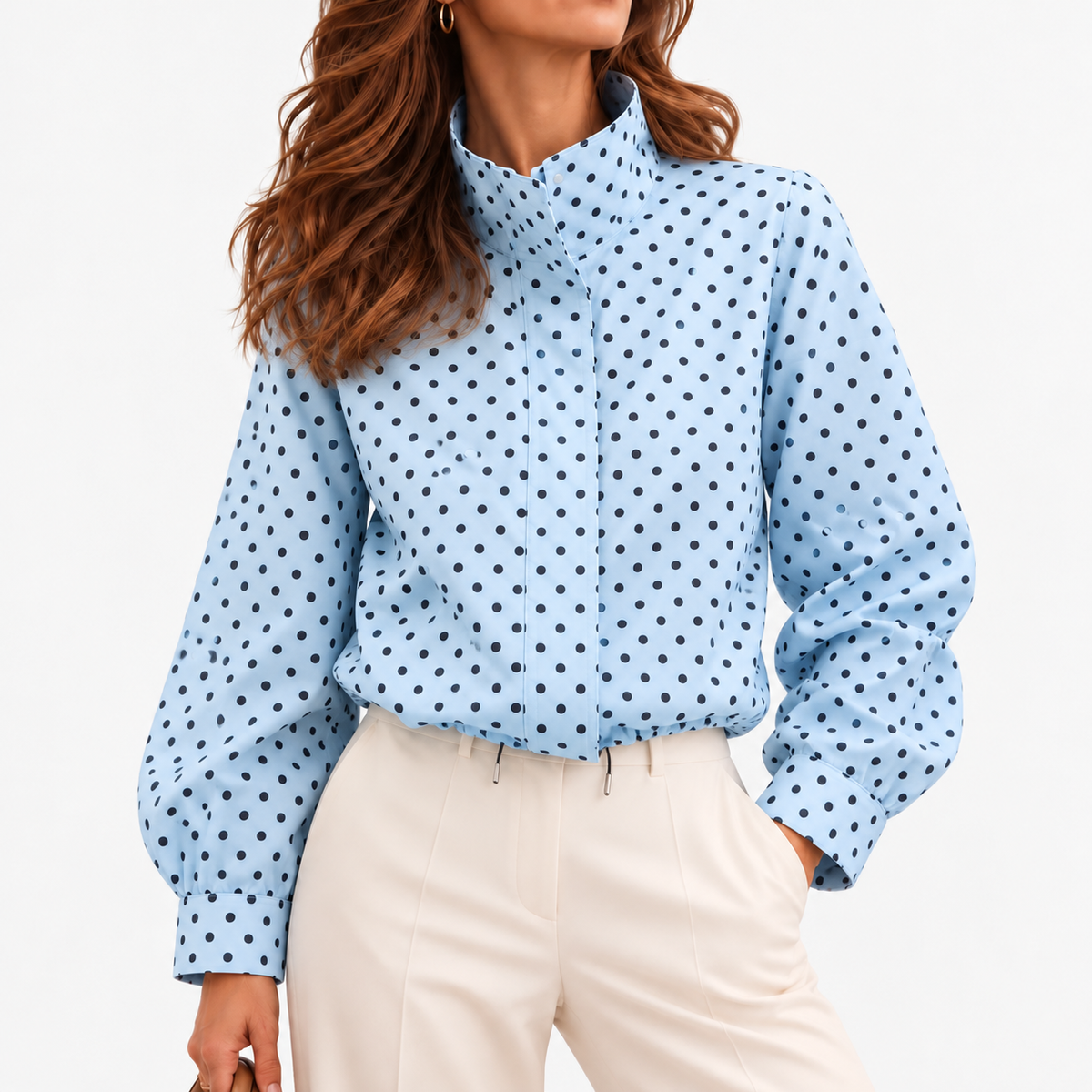 Marigold Relaxed Fit Blouse, Stand Collar — Blue | Emory & Blanc