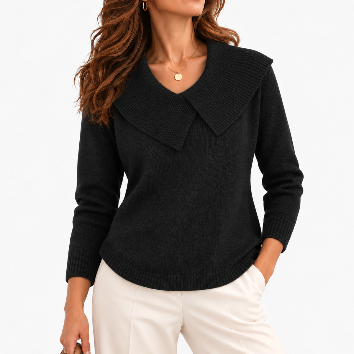Matilda Relaxed Fit Sweater, Wide Ribbed Collar — Black | Emory & Blanc