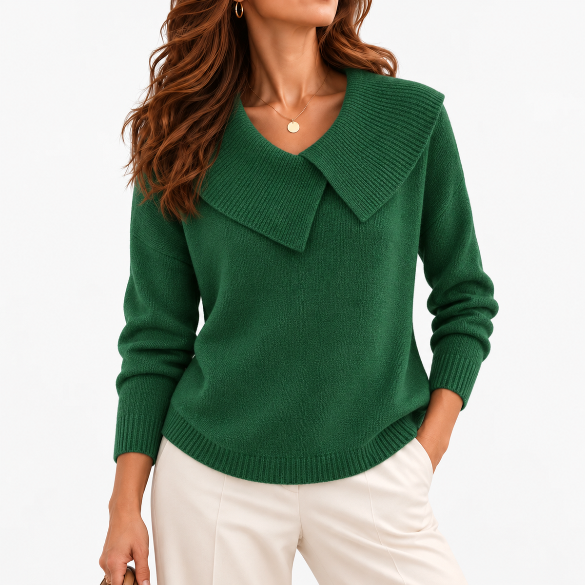 Matilda Relaxed Fit Sweater, Wide Ribbed Collar — Green | Emory & Blanc