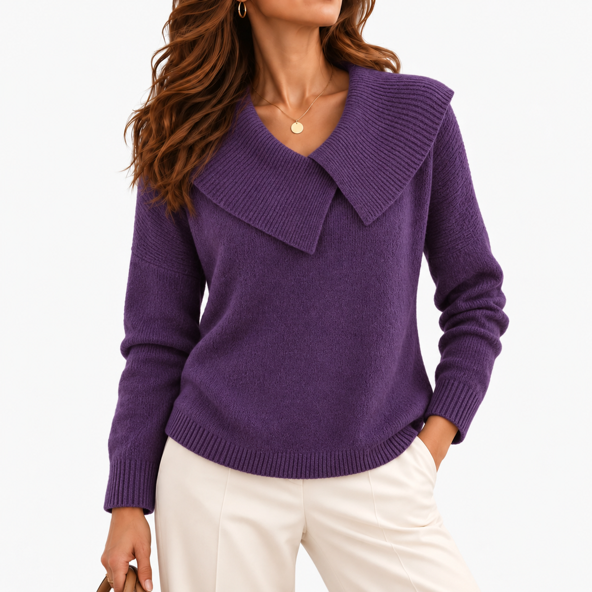 Matilda Relaxed Fit Sweater, Wide Ribbed Collar — Purple | Emory & Blanc