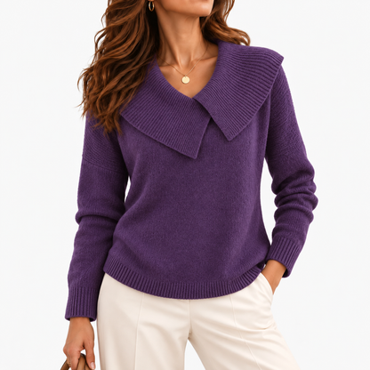 Matilda Relaxed Fit Sweater, Wide Ribbed Collar — Purple | Emory & Blanc