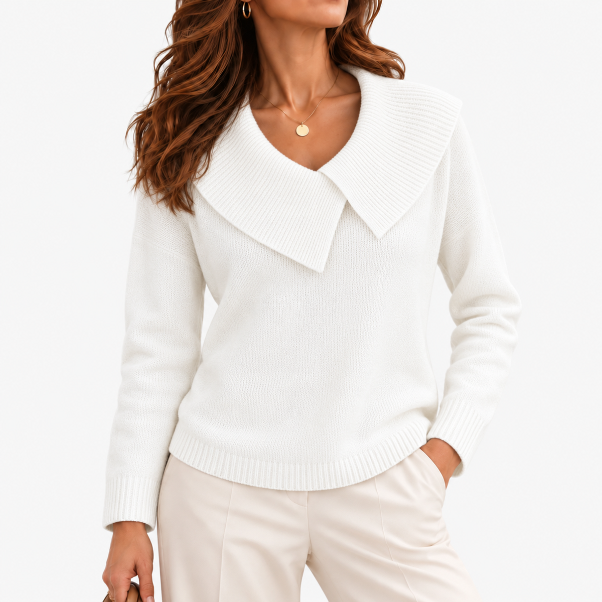 Matilda Relaxed Fit Sweater, Wide Ribbed Collar — White | Emory & Blanc