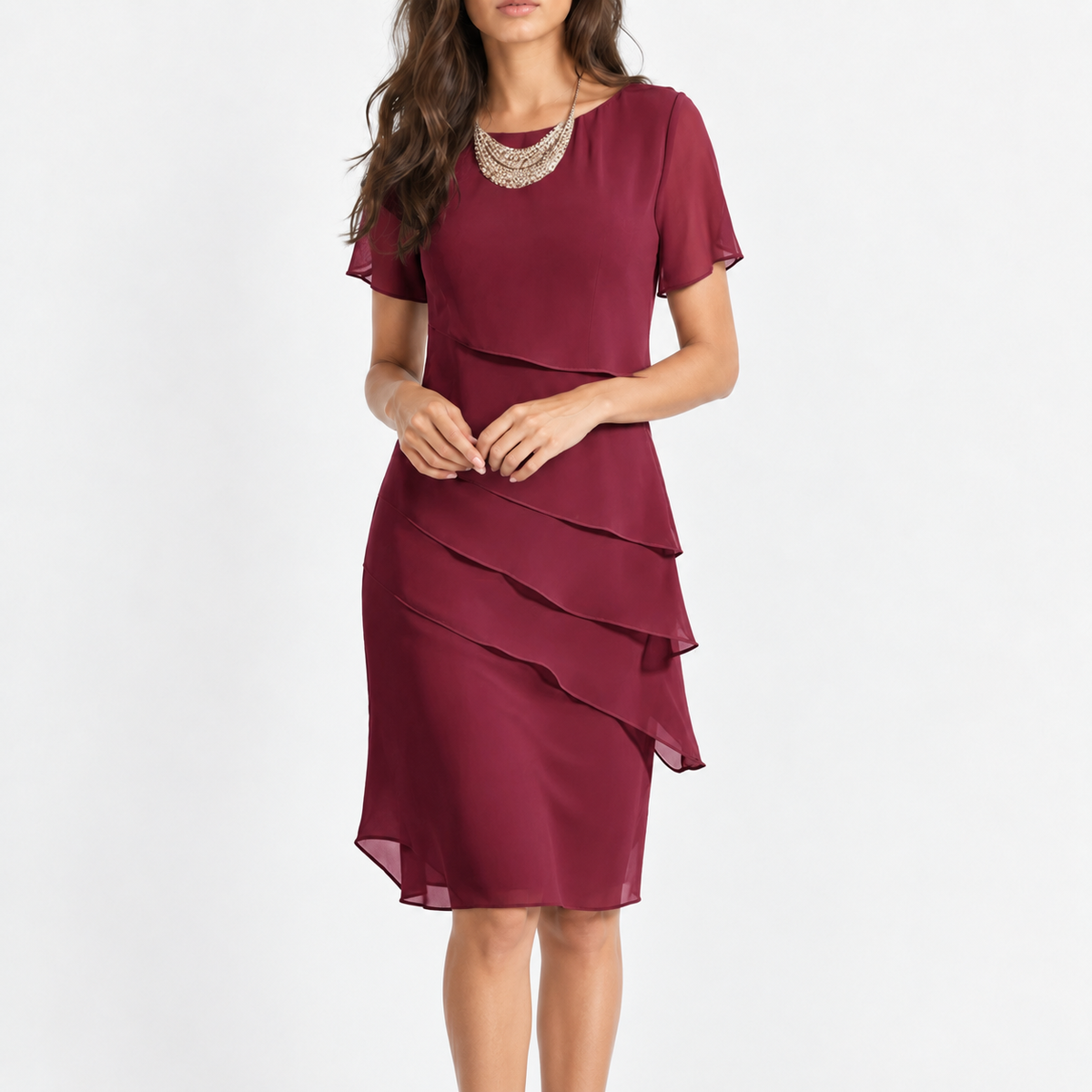 Melina Soft Tiered Chiffon Sheath Dress — Burgundy | Emory & Blanc