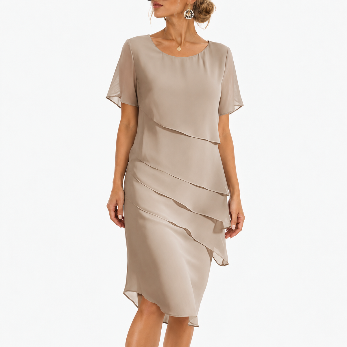 Melina Women's Lightweight Chiffon Tiered Dress — Camel | Emory & Blanc