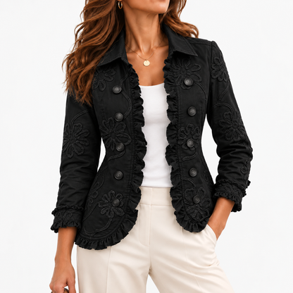 Nadia Comfort Ruffle Trim Jacket — Black | Emory & Blanc