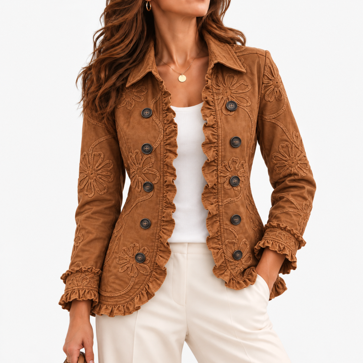Nadia Comfort Ruffle Trim Jacket — Coffee | Emory & Blanc