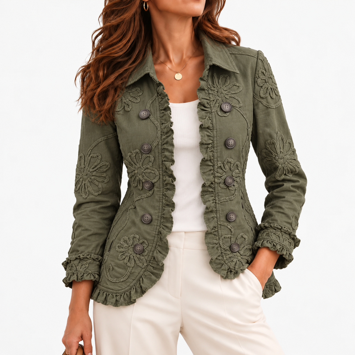 Nadia Comfort Ruffle Trim Jacket — Green | Emory & Blanc