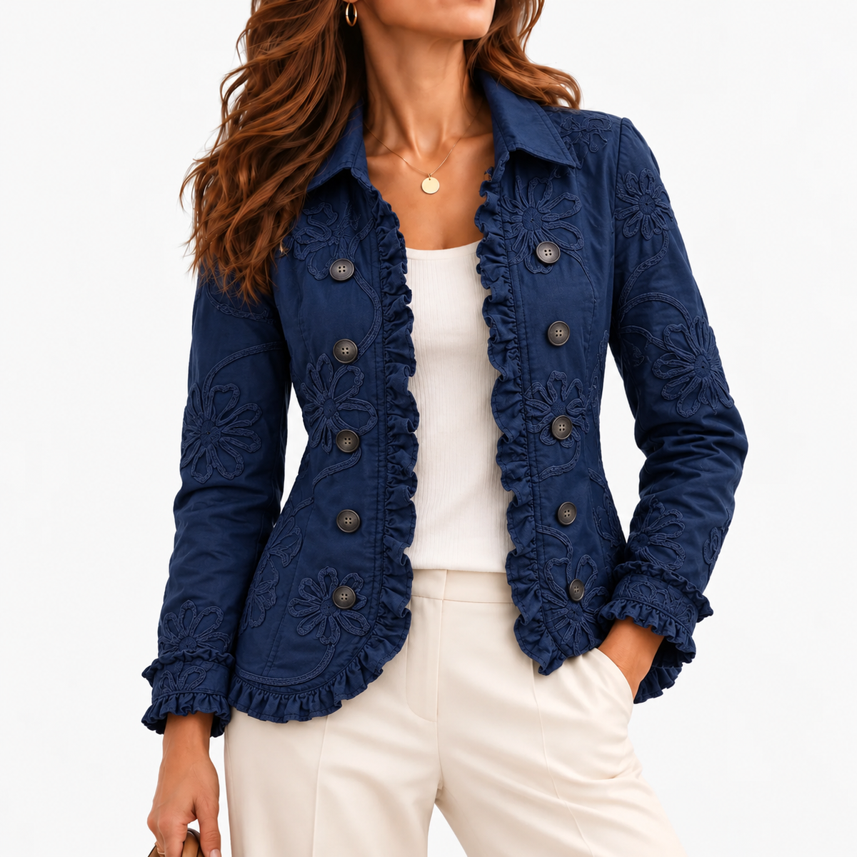 Nadia Comfort Ruffle Trim Jacket — Navy | Emory & Blanc