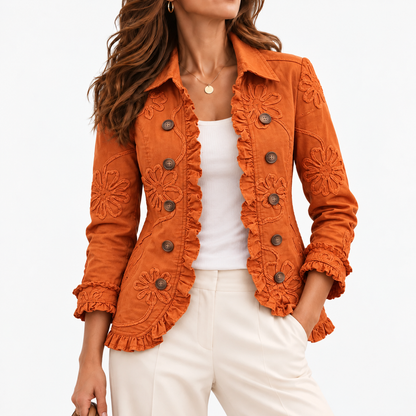 Nadia Comfort Ruffle Trim Jacket — Orange / Red | Emory & Blanc