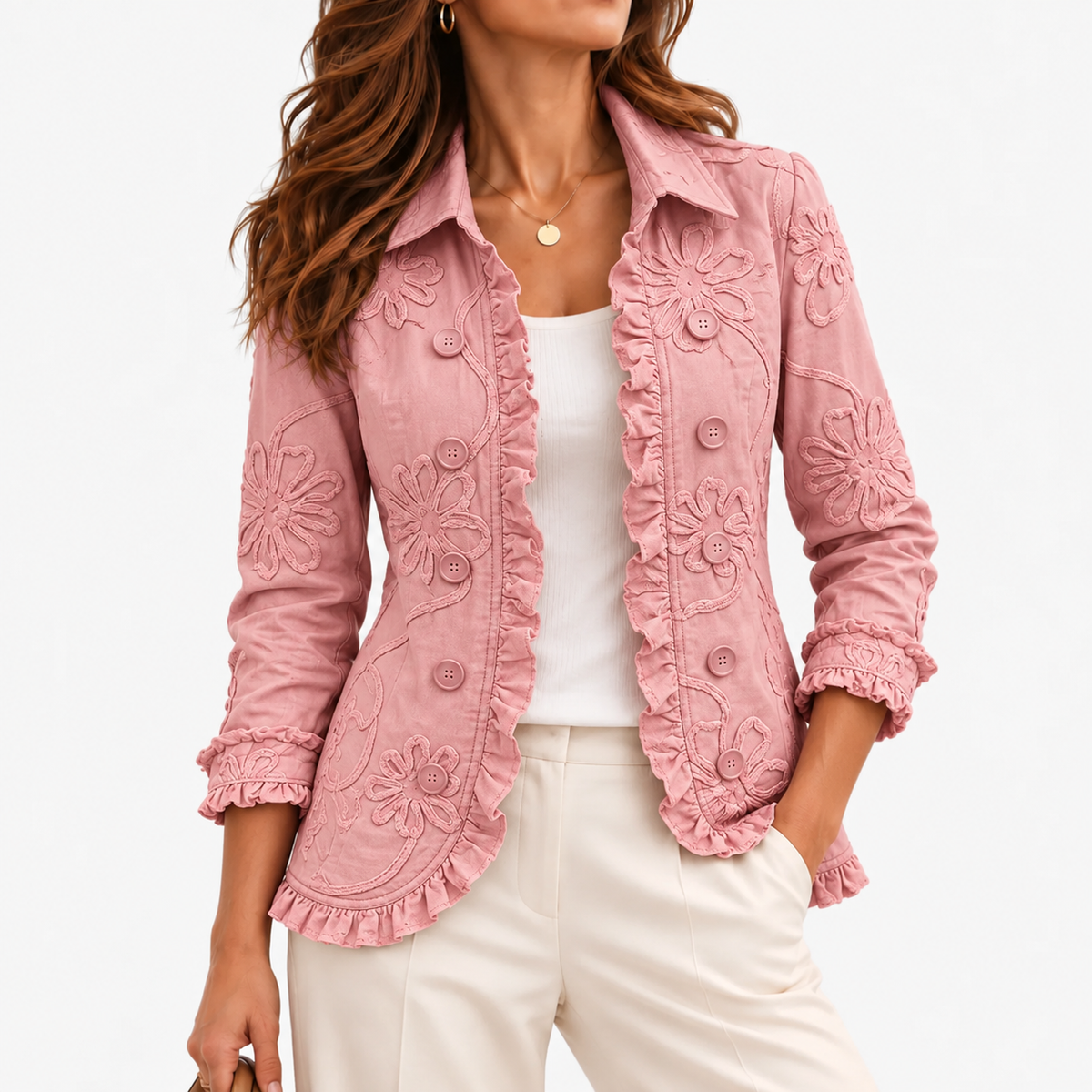 Nadia Comfort Ruffle Trim Jacket — Pink / Red | Emory & Blanc