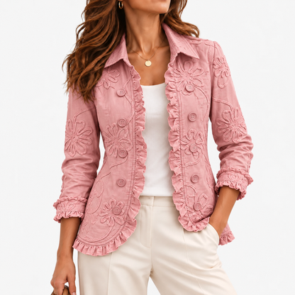 Nadia Comfort Ruffle Trim Jacket — Pink / Red | Emory & Blanc