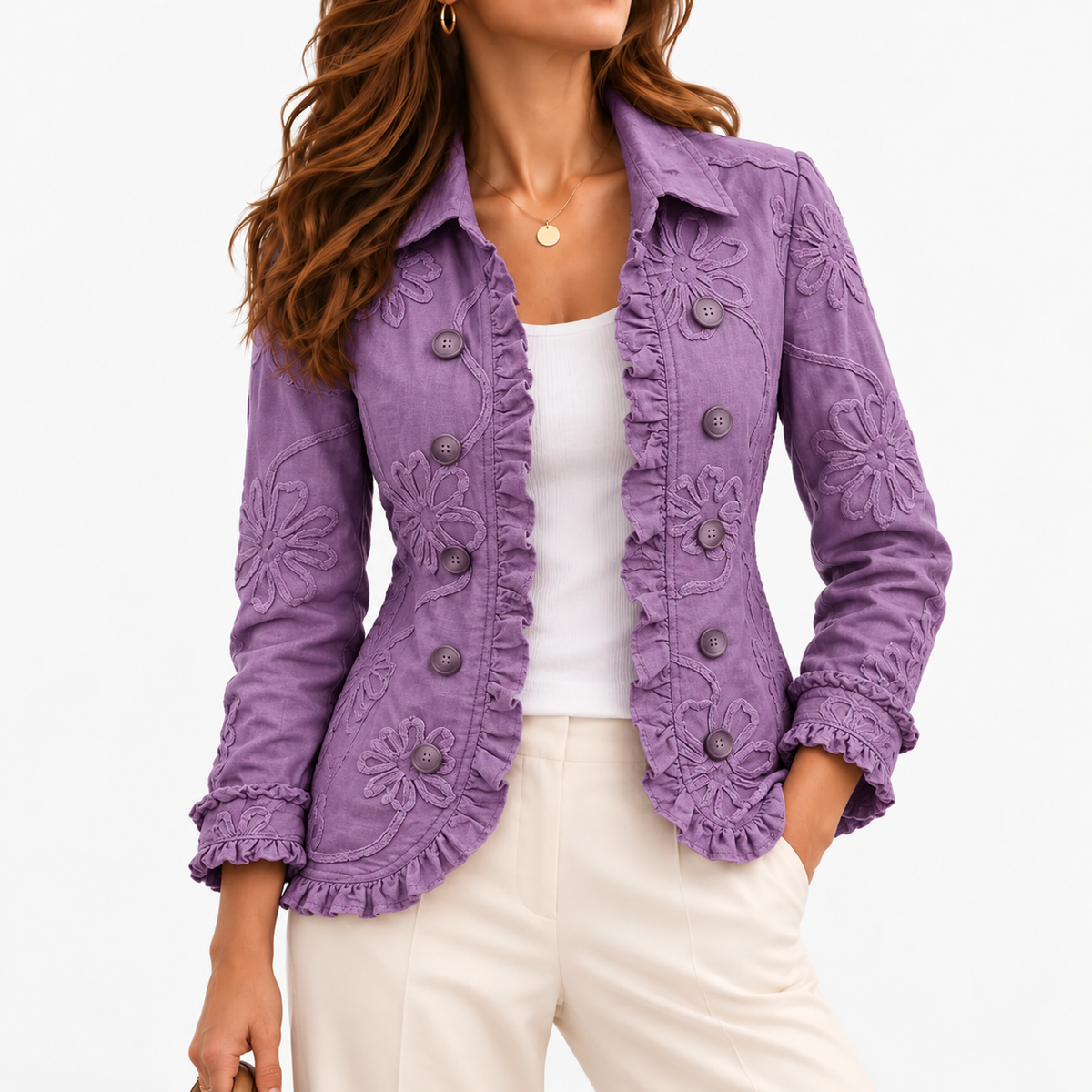 Nadia Comfort Ruffle Trim Jacket — Purple | Emory & Blanc