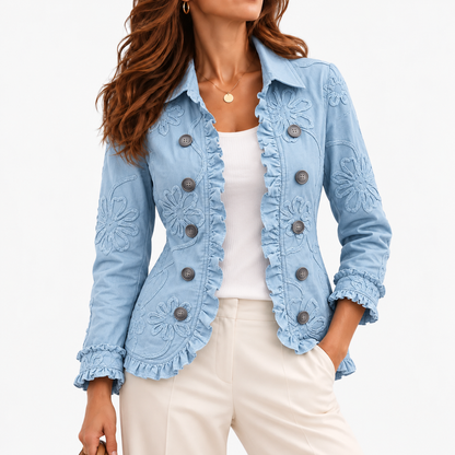 Nadia Comfort Ruffle Trim Jacket — Sky Blue | Emory & Blanc