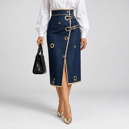 Nerine Comfort Wrap Midi Skirt — Denim Blue | Emory & Blanc