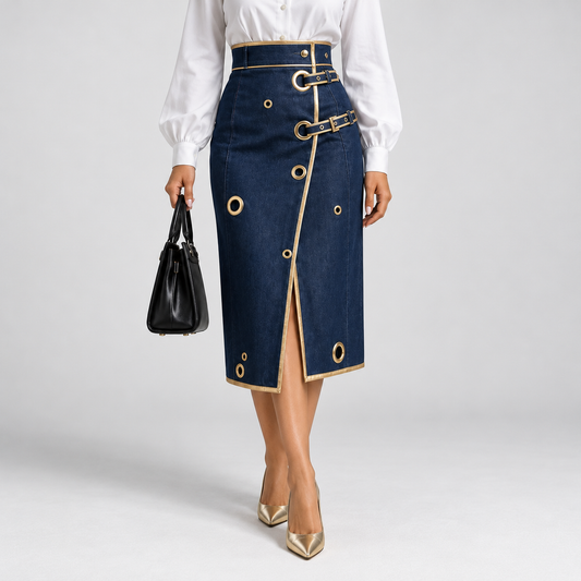 Nerine Comfort Wrap Midi Skirt — Denim Blue | Emory & Blanc