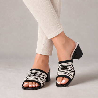 Nina Women's Everyday Comfort Block Heel Slides — Black / Stripe | Emory & Blanc