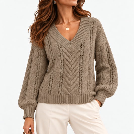 Ninette Breathable Cable-Knit V-Neck Sweater — Khaki | Emory & Blanc