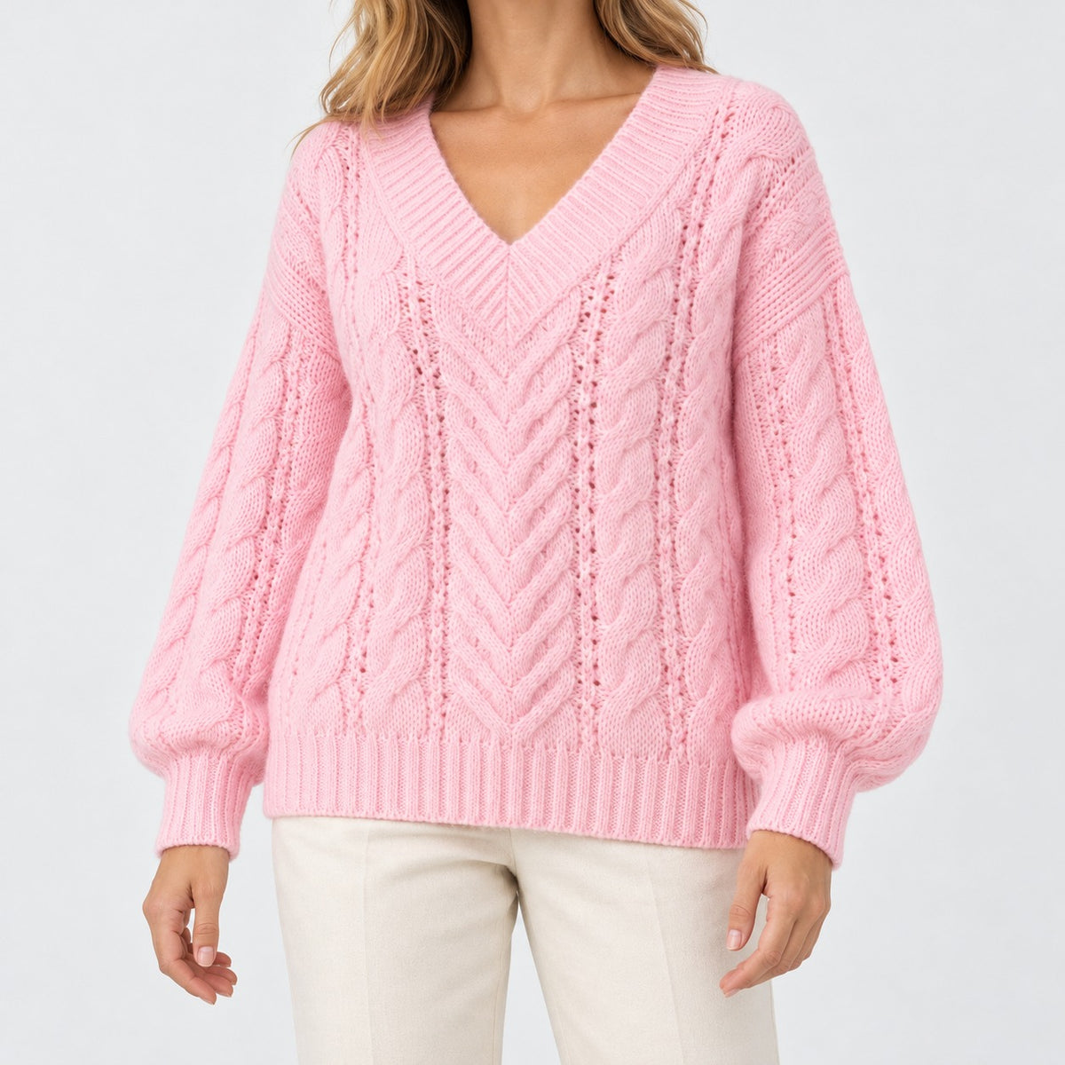 Ninette Breathable Cable-Knit V-Neck Sweater — Pink | Emory & Blanc