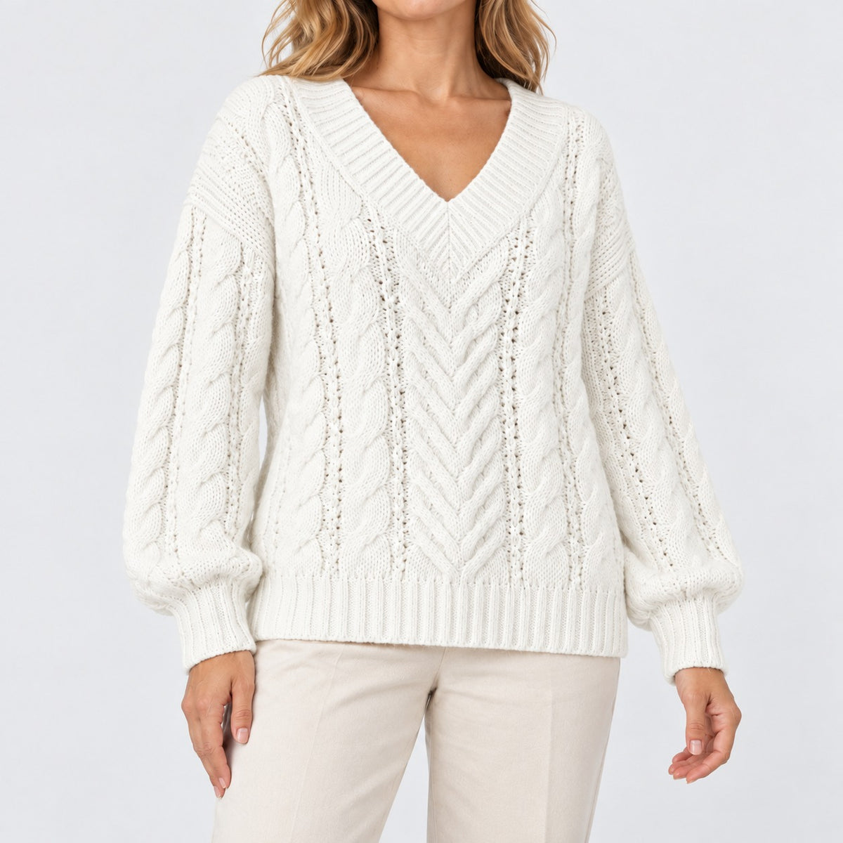 Ninette Breathable Cable-Knit V-Neck Sweater — White | Emory & Blanc