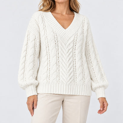 Ninette Breathable Cable-Knit V-Neck Sweater — White | Emory & Blanc