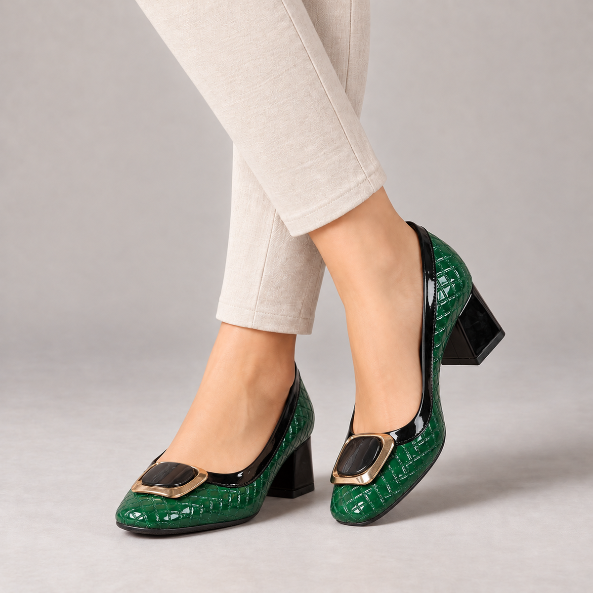 Norelle Comfort Buckle Block Heels — Green | Emory & Blanc