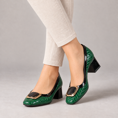 Norelle Comfort Buckle Block Heels — Green | Emory & Blanc