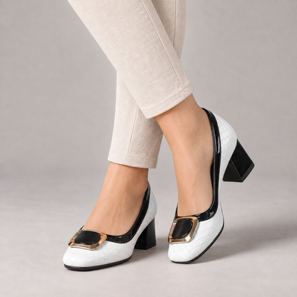 Norelle Comfort Buckle Block Heels — White | Emory & Blanc