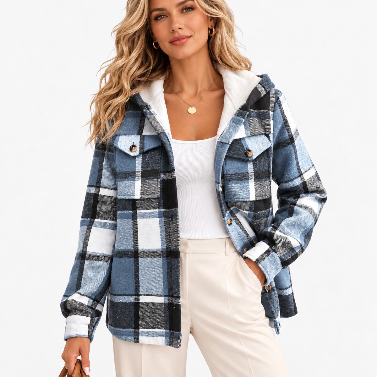 Odelia Breathable Plaid Shirt Jacket, Lined Hood — Blue | Emory & Blanc