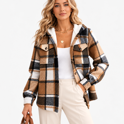 Odelia Breathable Plaid Shirt Jacket, Lined Hood — Khaki | Emory & Blanc